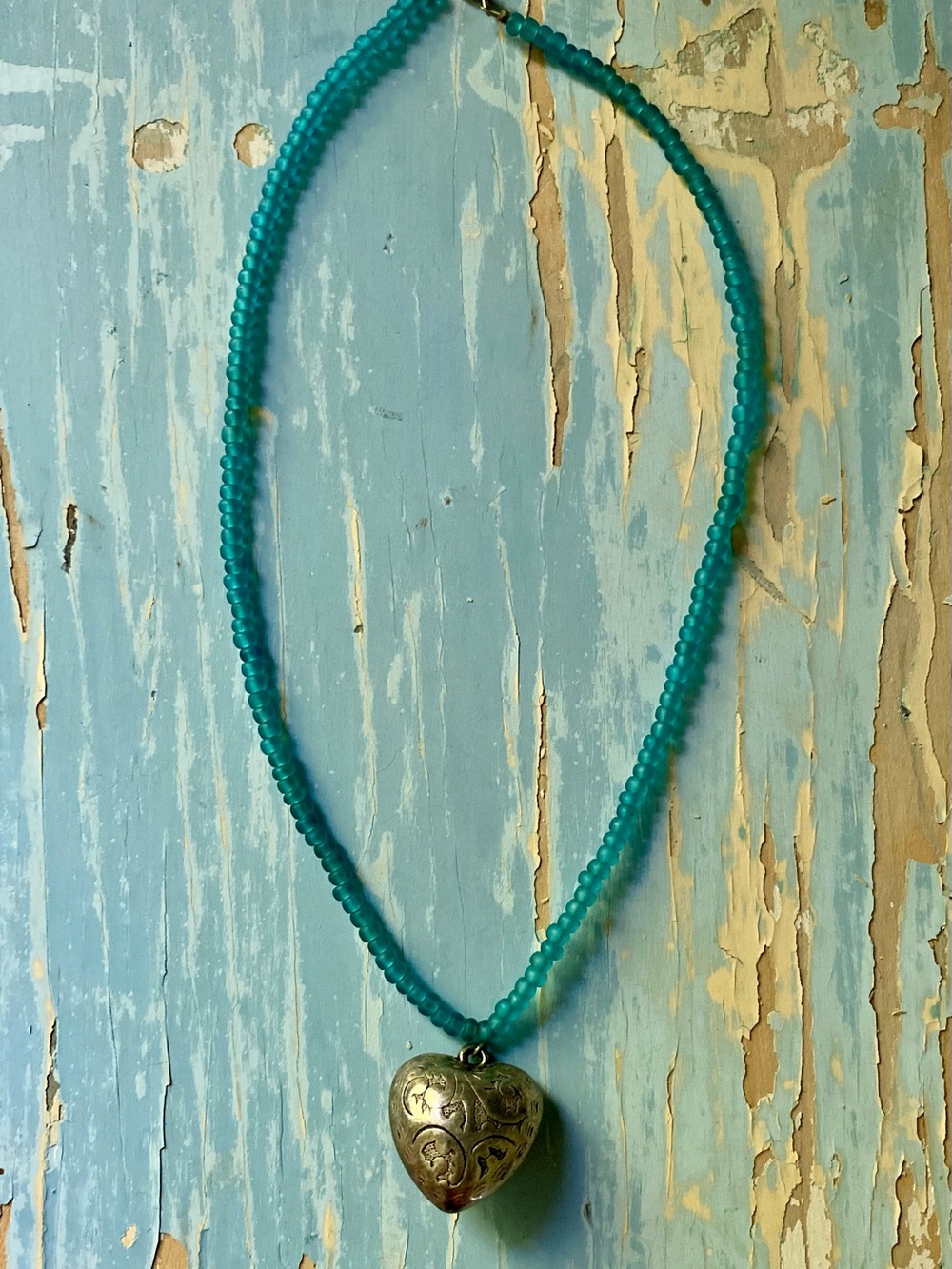 Blue Beaded Necklace with Heart Locket